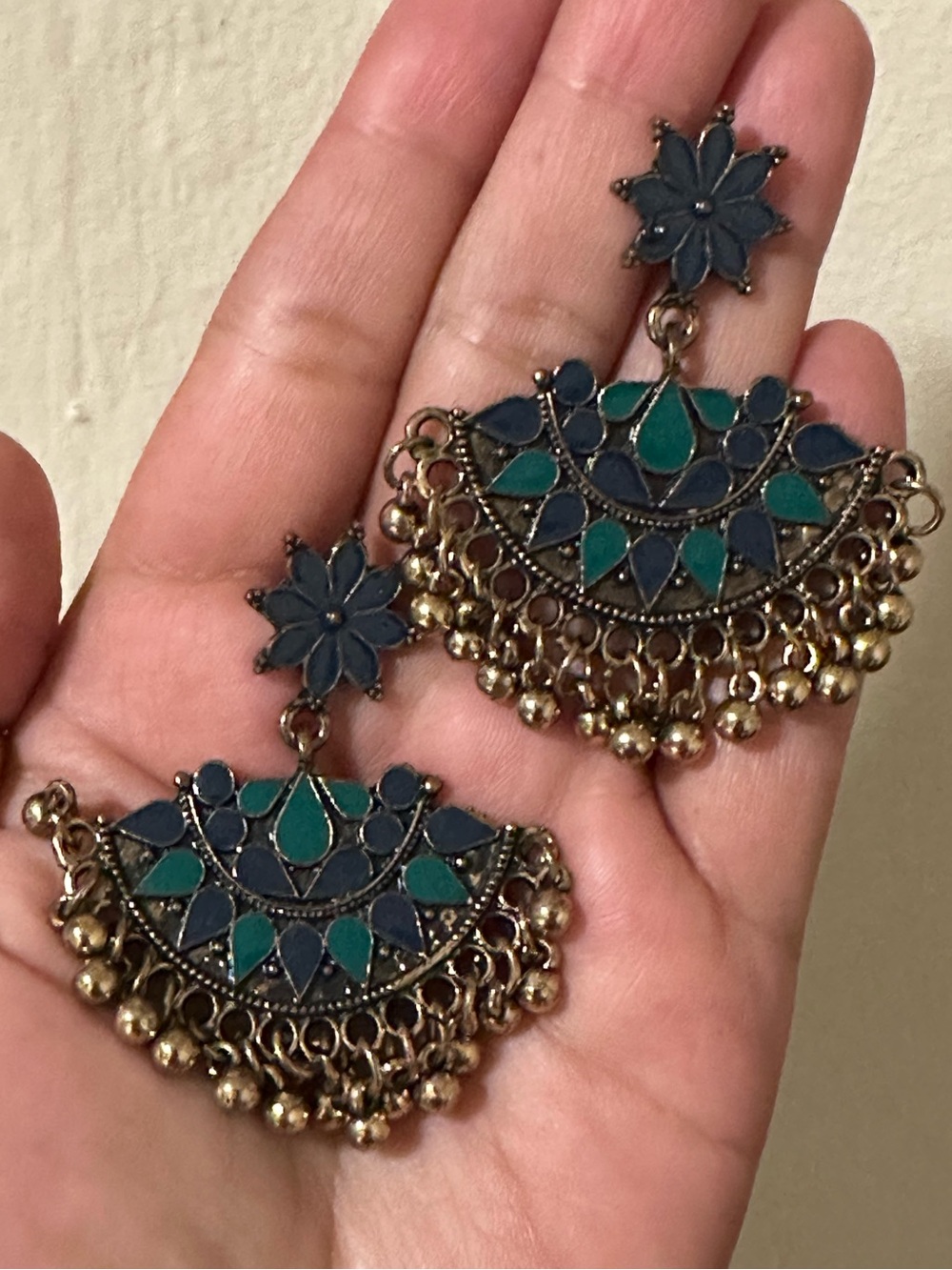 Source Unknown Blue and Teal Enamel Fringe Dangle Earrings